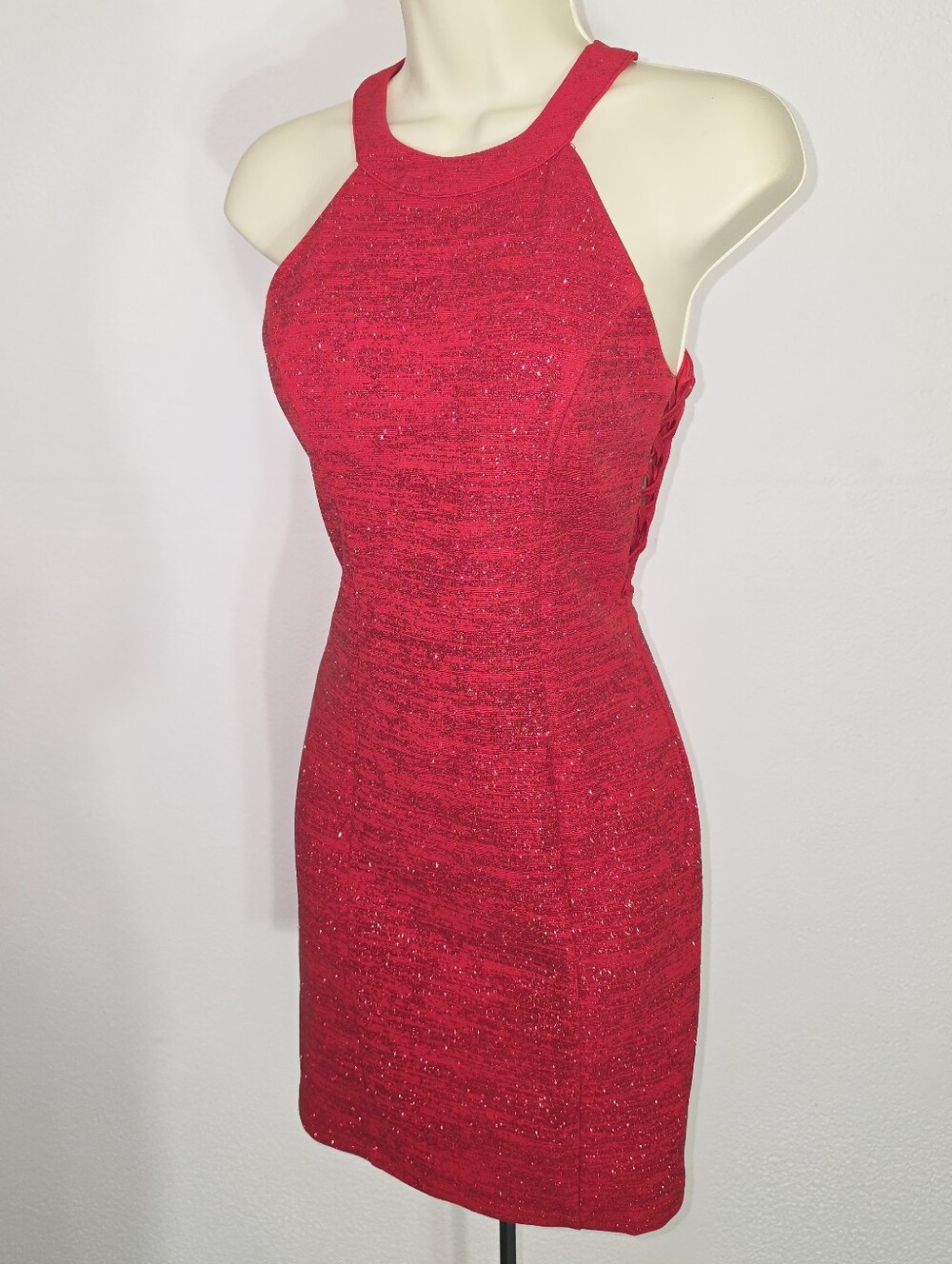 Honey and Rosie Dress Shimmery Halter Neckline Sleeveless Vibrant Red Size S - Picture 5 of 16